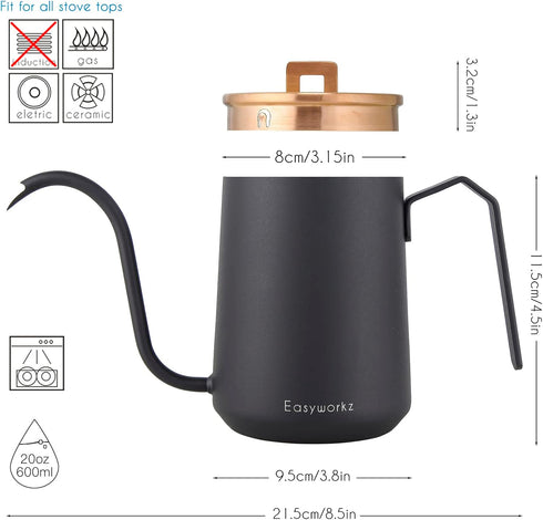 Easyworkz Gooseneck Pour Over Coffee Kettle 20 oz Stainless Steel Hand Drip Coffee Pot With Long Narrow Spout, Rose Gold Black by Easyworkz