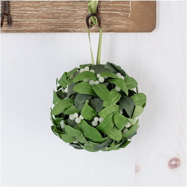 Factory Direct Craft Hanging Mistletoe Ball, Artificial Green Poly Silk Leaves, Multiple White Berries