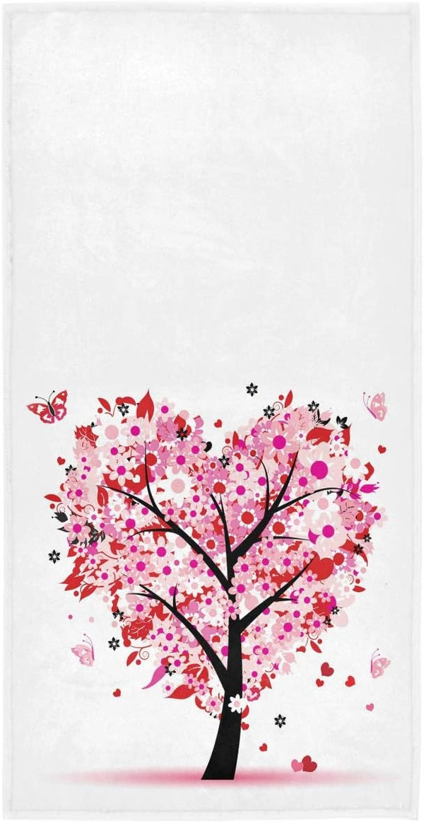 Pink Flowers Heart Tree Hand Towels 16x30 in, Ultra Soft Absorbent Small Bath Towel for Romantic Love Spring