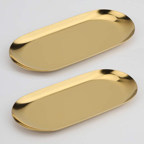 Stainless Steel Decorative Tray, Set of 2, 9 Inch Long, Jewelry Dish, Small Storage Tray, Gold