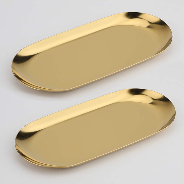 Stainless Steel Decorative Tray, Set of 2, 9 Inch Long, Jewelry Dish, Small Storage Tray, Gold