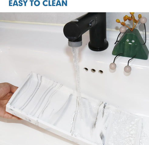 Bloss Silicone Bathroom Tray with Soap Holder - 7.9" Marble Vanity Tray for Bathroom Counter, Sponge Holder