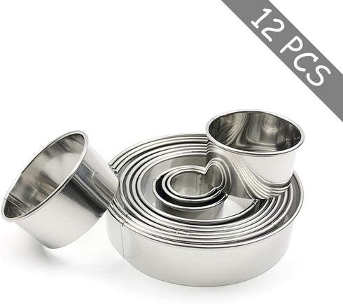 Stainless Steel Round Cookie Cutter Set, 12 Circular Biscuit Cutters, Round Donut Ring Molds for Baking 1.2 Inch Height