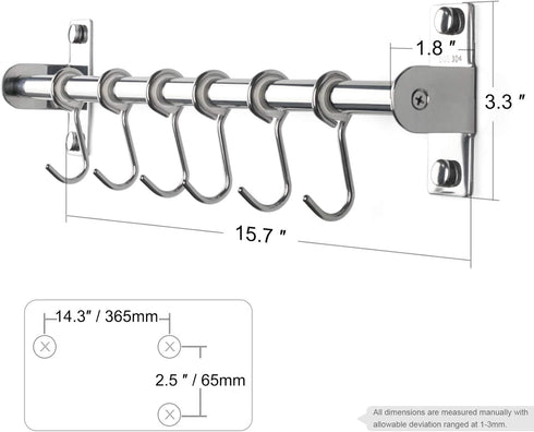 Sliding Hooks, Wall Mounted Rail, Stainless Steel Utensil Holder and Pot Lid Rack for Kitchen Tools, 6 Hooks
