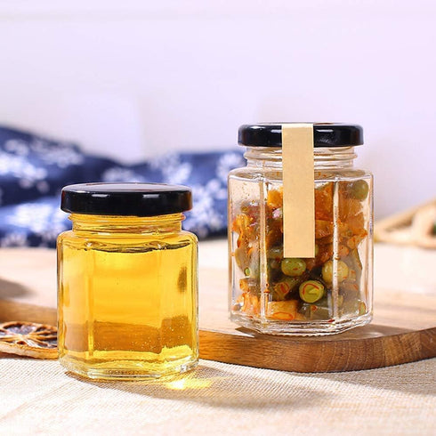 Encheng 4 oz 30 Pack Clear Hexagon Jars,Small Glass Honey Jars With Lids(Black),Mason Jars For Herb,Foods,Jams,Liquid