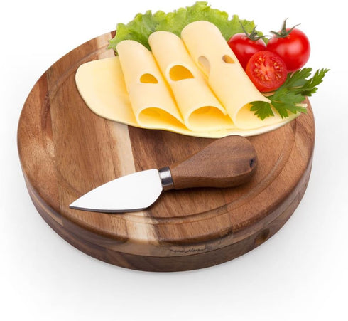 3 Set, 7.5 inch ILEAF Round Slide-Out Acacia Wood Cheese Board and Piece Cheese Tool Diameter