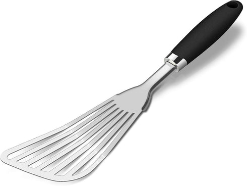 304 Stainless Steel Fish Spatula - Non-Slip Ergonomic Handle Slotted Spatula, Black for Cooking
