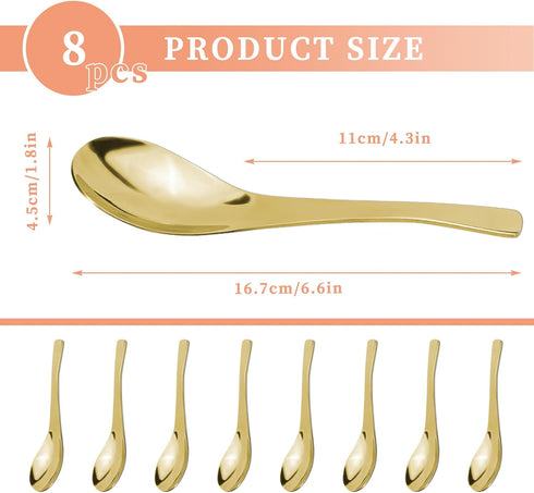 8Pcs Thickened Heavy-Weight Soup Spoons, 18/8 Stainless Steel Asian Soup Spoon Table Spoons Silverware for Soup, Ramen, Pho, Cereal, Ice Cream (Gold)