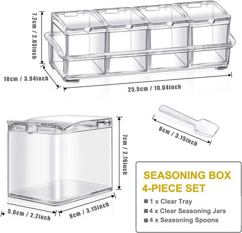 Clear Seasoning Box 4 PCS/Set, Acrylic Spice Rack with Spoon, Lid & Tray for Salt Pepper Sugar