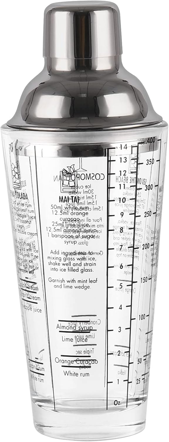 Cocktail Shaker Glass: 13.5oz Martini Shaker with Recipes on Side - Professional Bar Tool with Scale Glass