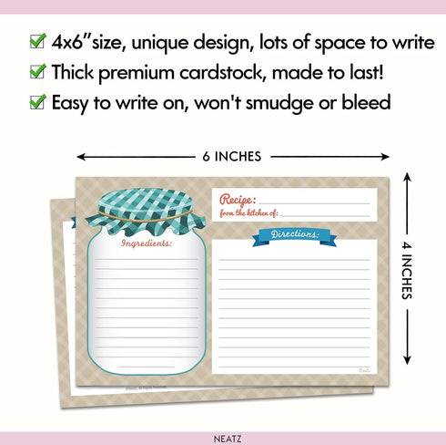 Neatz Mason Jar Recipe Cards - 50 Double Sided Cards, 4x6 inches, Thick Card Stock