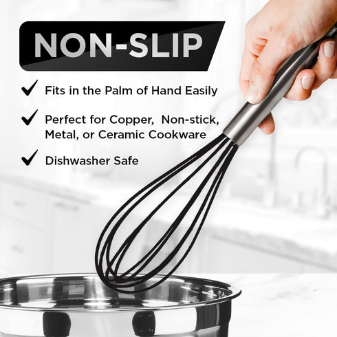 Silicone Whisk Set, 3 Pieces, Stainless Steel & Silicone Non-Stick Coating, 12-inch, 10-inch & 8.5-inch