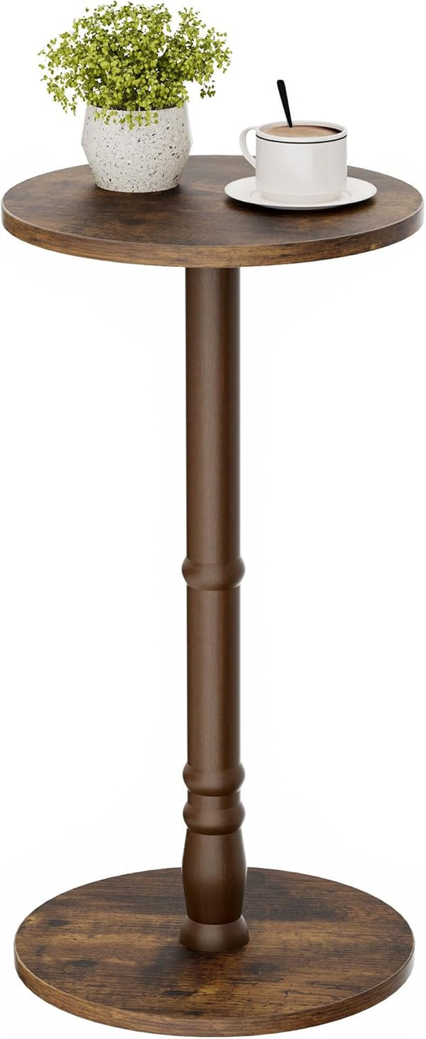 Homleke 12" Round Side Table, Solid Wood Pillar with Wood Top &