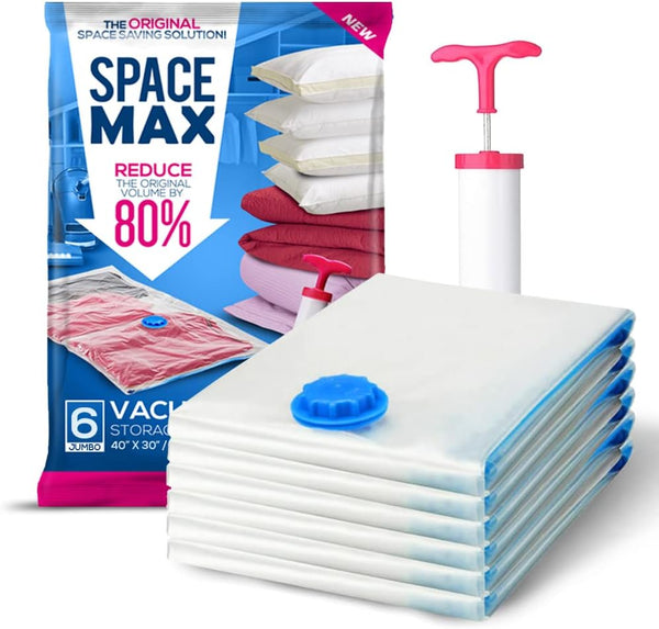Premium Jumbo 6 Pack Space Saver Vacuum Storage Bags - Reusable, Double Zip Seal & Leak Valve, Includes Hand Pump