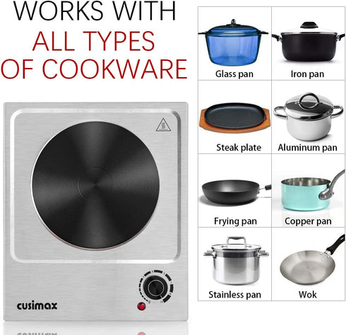 CUSIMAX 1500W Electric Hot Plate, Portable Stainless Steel Single Burner for Cooking, Easy to Clean, CMHP-C150N