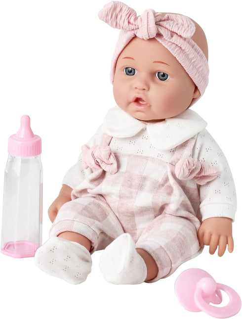 Enjoyin 12'' 13''x13'' 3+ Baby Doll in Gift Box with Pink Cloths, Pacifier, Microfabric Blanket, and Feeding Bottle.