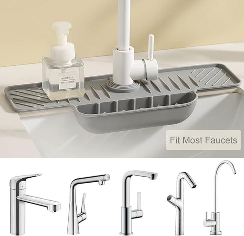JOYNAVIOR 5 Silicone Faucet Mat with Sponge Holder, Sink Splash Guard, Faucet Draining Mat for Kitchen Bathroom, Slope