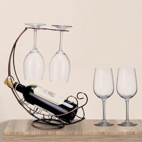 Homya Tabletop Metal Wine Bottle Rack, Elevated Vertical Countertop Organizer for 1 Bottle and 2 Glasses