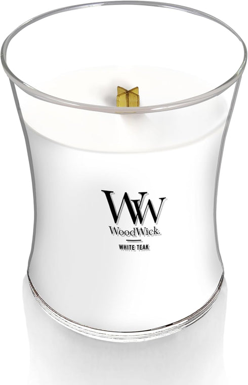 WoodWick Medium Hourglass Candle White Teak Premium Soy Blend Wax Pluswick Innovation Wood Wick Made in USA