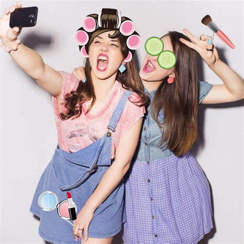 25Pcs Spa Photo Booth Props with Stick - Makeup/Spa Party Decorations for Women, Girls, Birthday Selfie Props