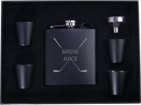 Birdie Juice Flask, Funnel, Shot Glasses, Gift Box - Golfing Birdie Juice Hip Stainless Steel Metal Matte Flask, Black