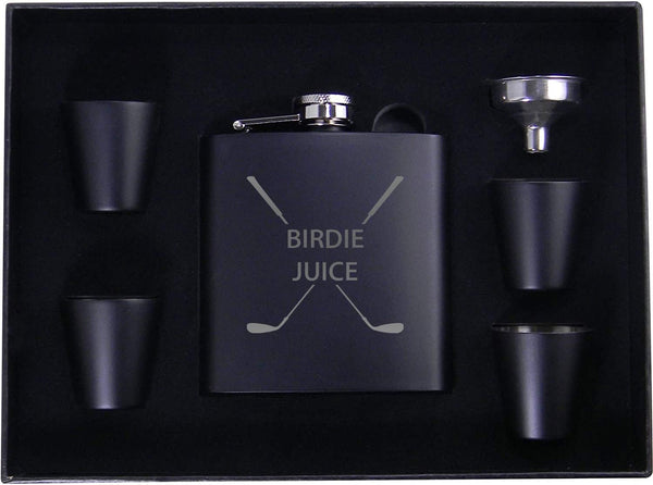 Birdie Juice Flask, Funnel, Shot Glasses, Gift Box - Golfing Birdie Juice Hip Stainless Steel Metal Matte Flask, Black