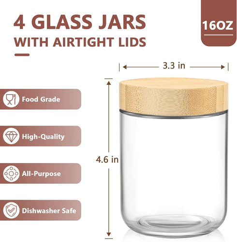 16 Oz 4 Pack DRKIO Overnight Oats Containers with Bamboo Lids - Glass Storage Jars with Airtight Lids Wide Mouth Mason