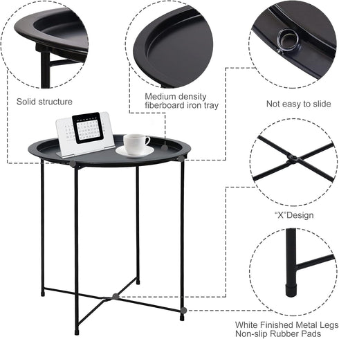 4 Garden you End Table Metal Side Table Black Round Folding Tray Cyan Sofa Small Accent Fold-able Table, Round End
