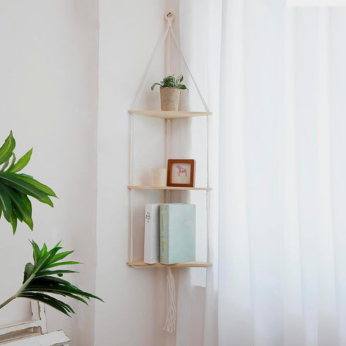 3 Artilady White Corner Floating Shelves Wall Hanging- Macrame Tier Corner Shelf Plant Wall Decor Boho Rustic Wooden