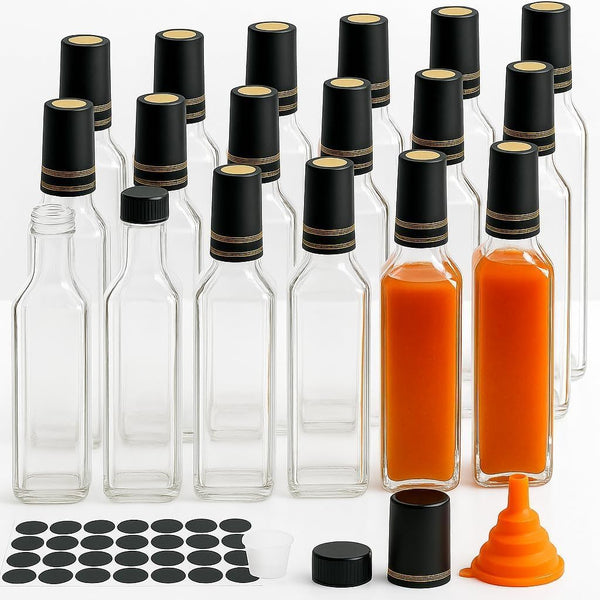 WERTIOO 18-Pack Hot Sauce Bottles, 8.5oz Glass Containers with Caps - Square for Homemade Chili Oil, BBQ