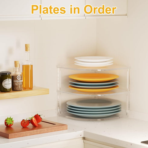 Countertop Acrylic Plate Organizer for Cabinet Kitchen Corner Clear Cabinet Organizer for Paper Plate and Bowl Dishes