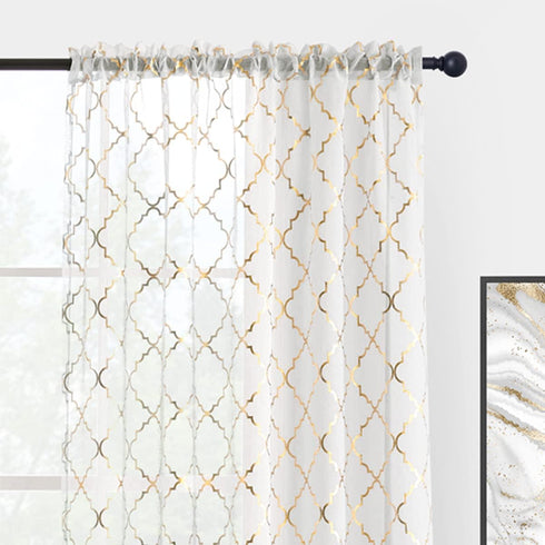 Kotile 63 Inch White and Gold Sheer Curtains, 2 Panels Set, Light Filtering Shimmer Ogee Sheer Curtains