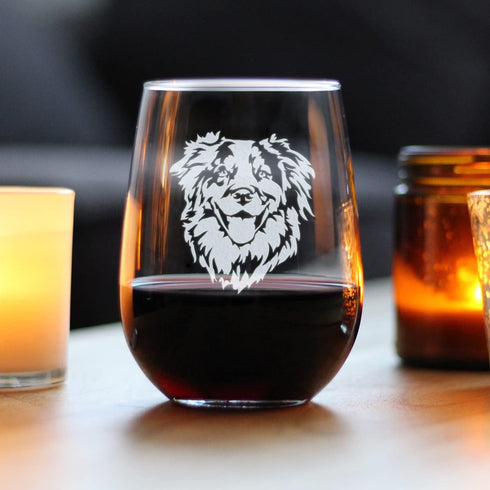 Australian Shepherd Face Stemless Wine Glass, Unique Dog Themed Decor, 17 Ounce Gift for Aussie Lovers