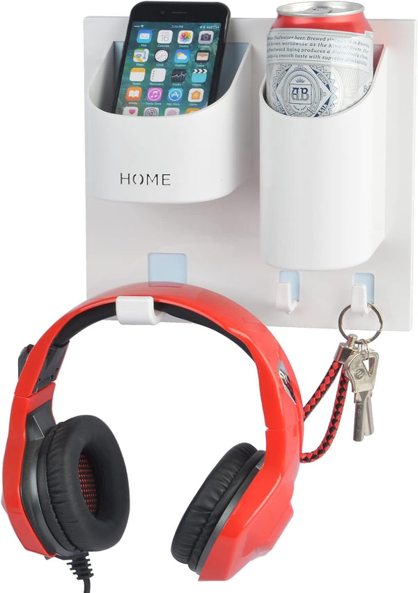 Bedside Shelf Wall Mounted Rack Organizer with Headset Stand, Drink Holder, Small Hooks for Bedroom, Bathroom