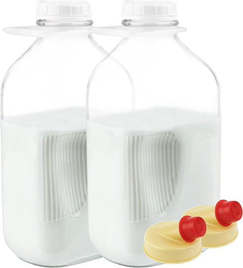 kitchentoolz 64 oz Glass Milk Bottles with Pour Spouts and Tamper-Proof Caps