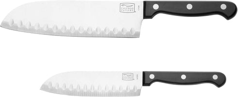 Chicago Cutlery Essentials 2-Piece Set - Stainless Steel Triple Rivet Partoku/Santoku with Polymer Handles (Black)