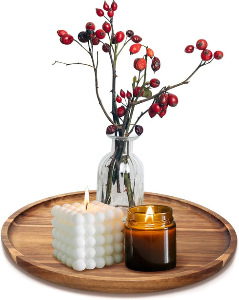 Acacia Round Wood Tray Decorative Serving Trays for Ottoman Coffee Table Candle