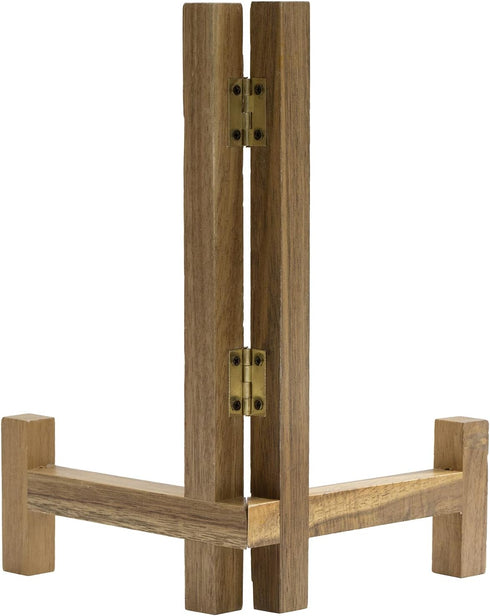 MyGift Plate Display Stand, Rustic Acacia Wood Tabletop Saucer Rack, Folding Picture Frame Holder Easel