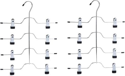 2 Quality Metal Pant Skirt Trouser Hangers, 4-Tier Heavy Duty Clips for Slacks, Trousers, Jeans