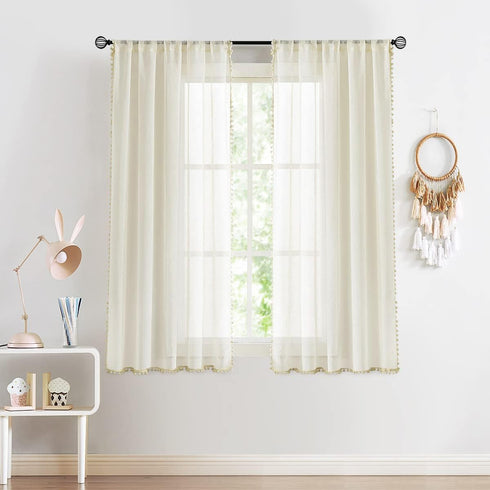 Treatmentex Pom Pom Linen Sheer Curtains for Living Room, 63 inches Length, 52" w x 2 Pack, Beige