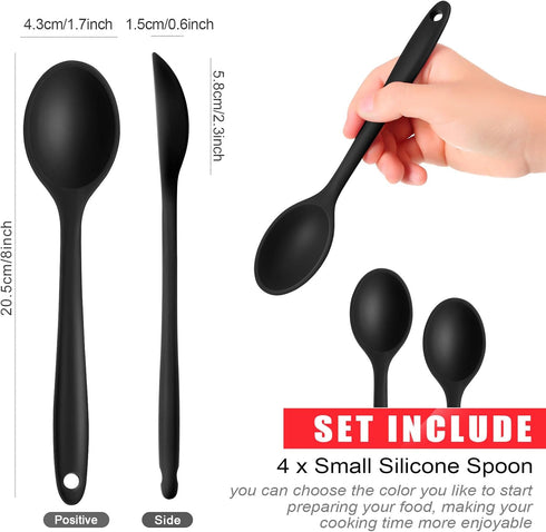 Patelai 4 Pieces Small Multicolored Silicone Spoons Nonstick Kitchen Spoon Silicone Serving Spoon Stirring Spoon for Kitchen Cooking Baking Stirring Mixing Tools (Black)