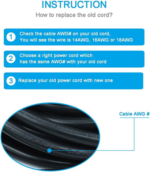 25FT 14 AWG 2 Prong Pigtail Power Cord, 110V Black Cable Open Wire, Heavy Duty 120V 15A Electrical Repair Cord