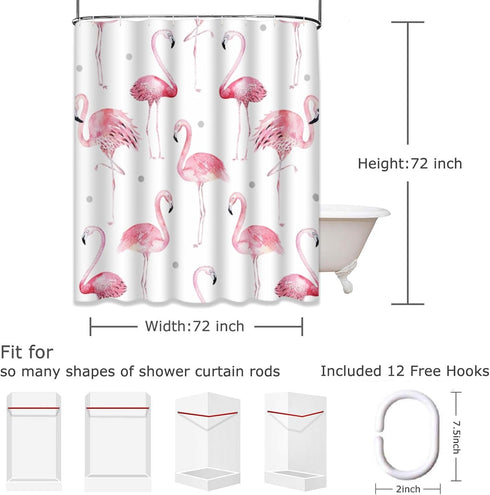 ArtSocket Shower Curtain, Watercolor Bath Pink Flamingos with Grey Polka Dots, Polyester Fabric Waterproof 72 x 72