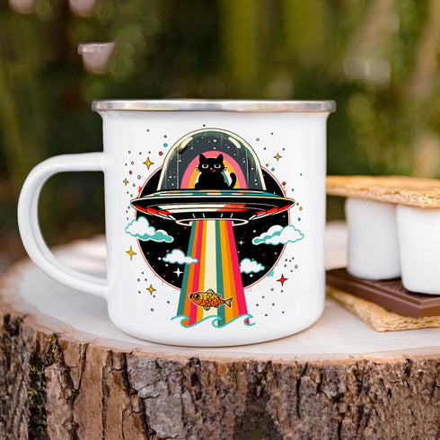 Retro UFO Cat Fish Abduction Enamel Campfire Mug, Fun Outdoor Camping Coffee Cup (12oz)