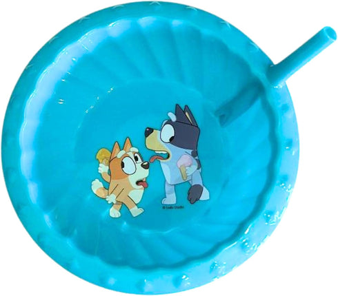 Lunch Money Blue Cartoon Plastic Sipper Cereal Bowl with Straw, 14.5-oz. -Perfect for Kids