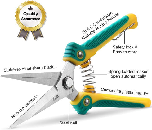 WYF Pruning Scissors, Professional Garden Shears - Sharp Stainless Steel Blades for Garden Harvesting, 8.1IN