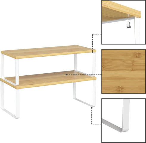 NEX Kitchen Cabinet and Counter Shelf Organizer, Stackable & Expandable, Set of 4, White and Natural, 7.7 x 15.6 x 6.2''