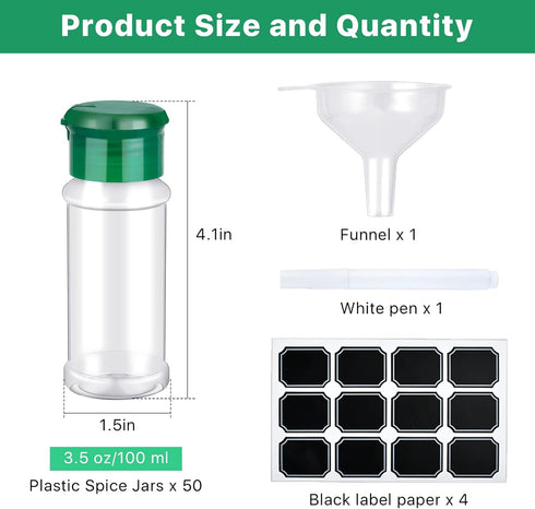 Supkiir 50Pcs 3.3 oz/100ml Plastic Spice Jars, Spice Containers with Shaker Lids Bottles Seasoning Shaker Jars