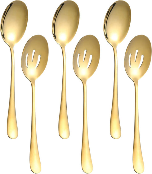 6 Pieces Serving Spoons Set, 8.7 Inch Stainless Steel Buffet Banquet Spoons, Gold Cutlery Set