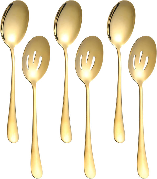 6 Pieces Serving Spoons Set, 8.7 Inch Stainless Steel Buffet Banquet Spoons, Gold Cutlery Set